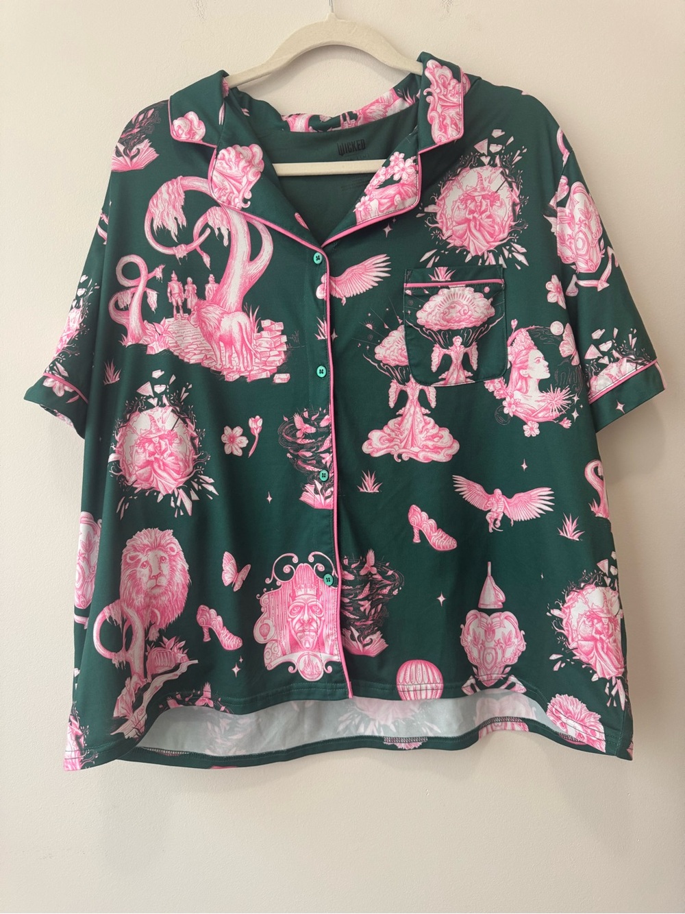 WICKED Green & Pink Graphic Short Sleeve Button Pajama Top XXL